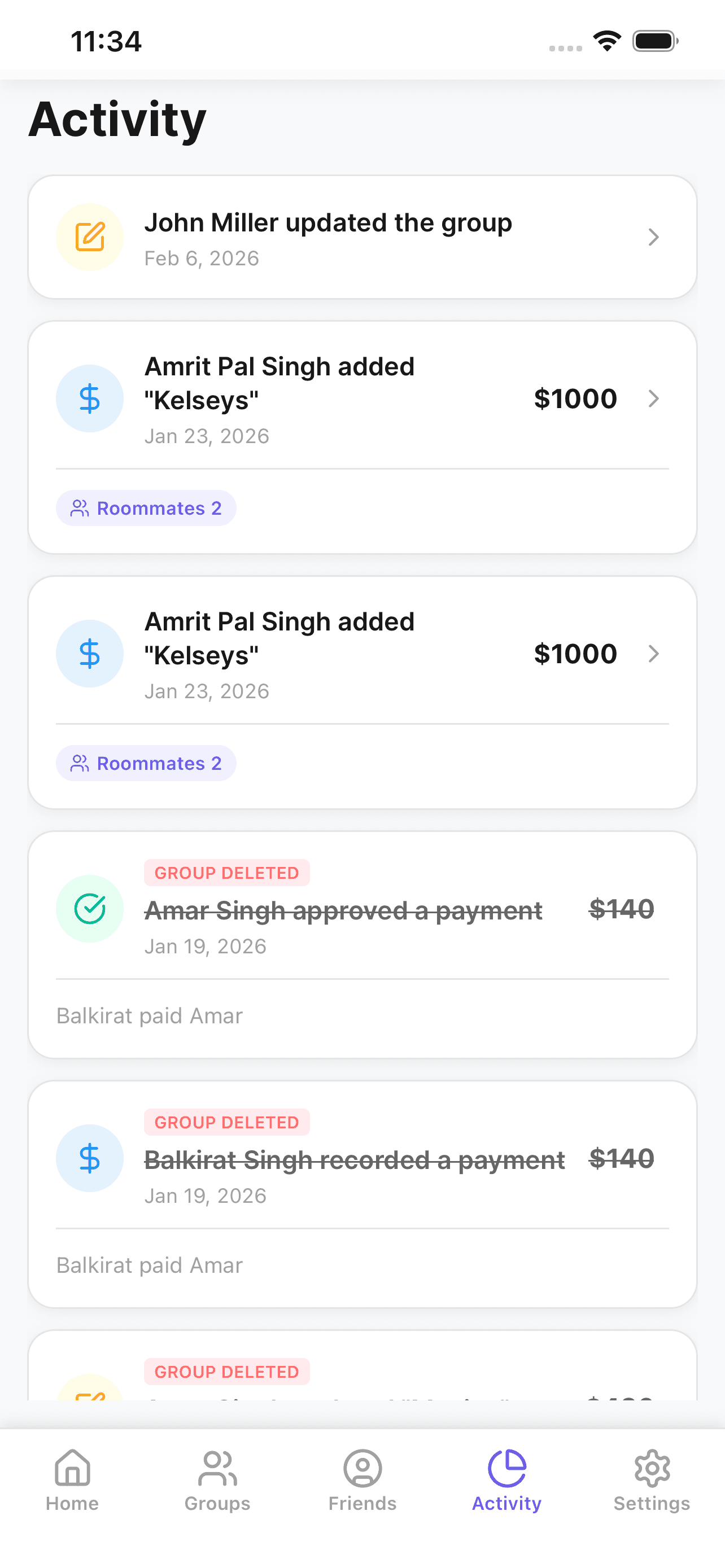 Recent activity feed for group expenses in EvenX