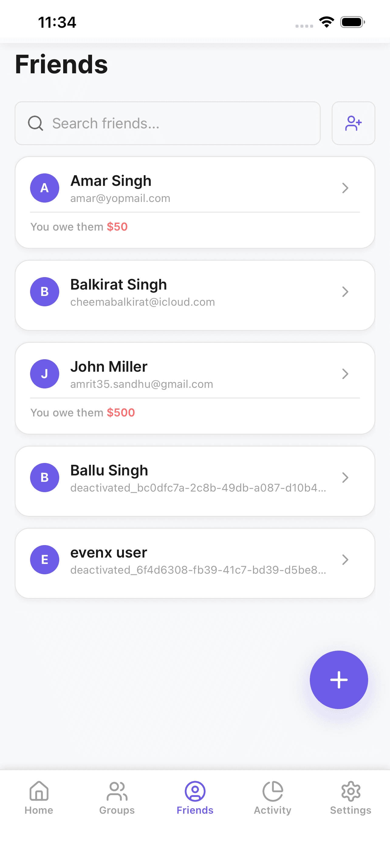 Friends balances screen in the EvenX split bills app