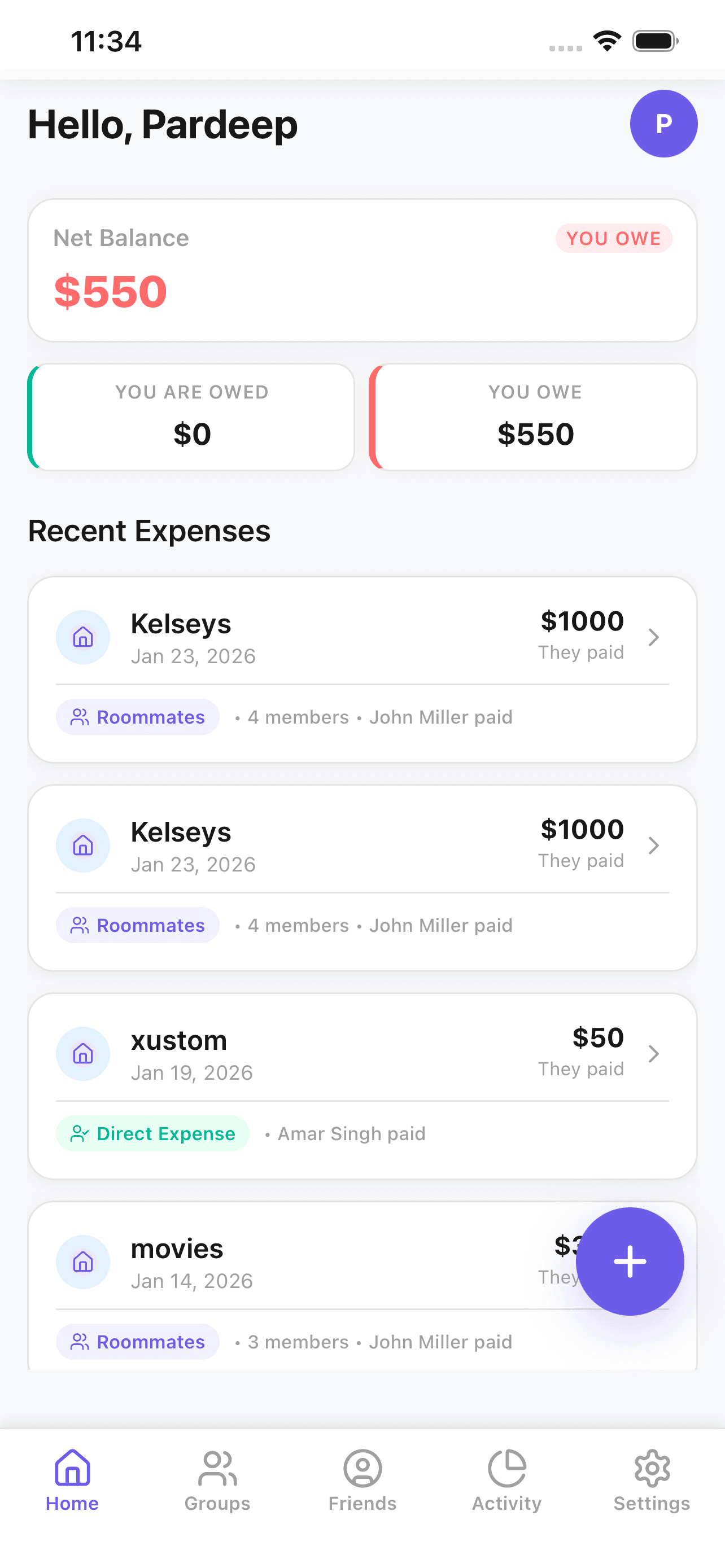 Shared expense dashboard in EvenX