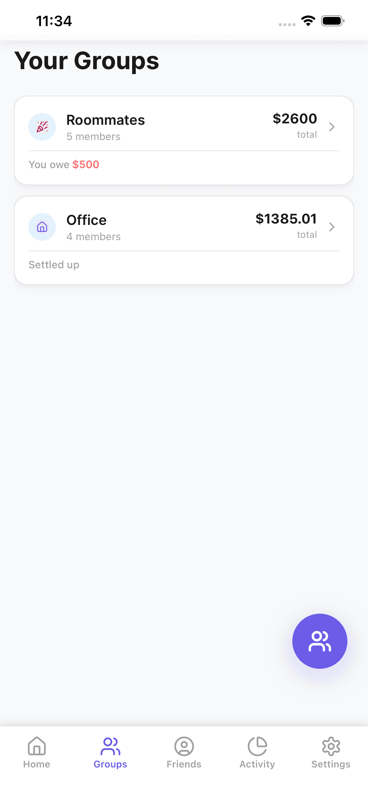 Group overview screen in EvenX for roommate and trip expenses
